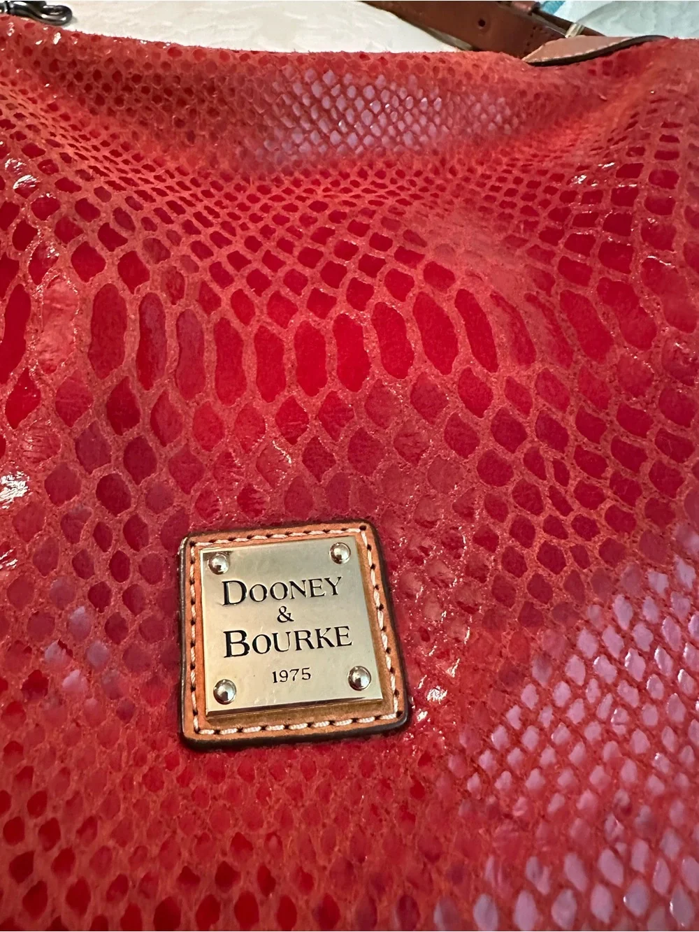 Dooney & Bourke Red Snakeskin-Effect Hobo with Tan Trim